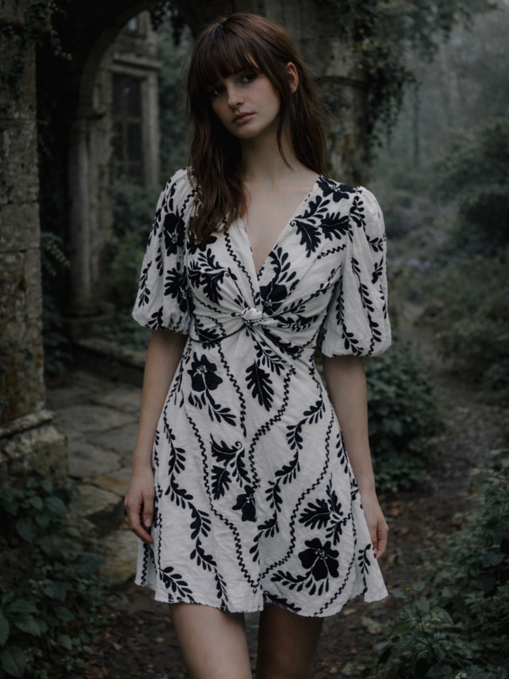 White Closet Elements Linen Blend Mini Dress Black White Floral NWT S